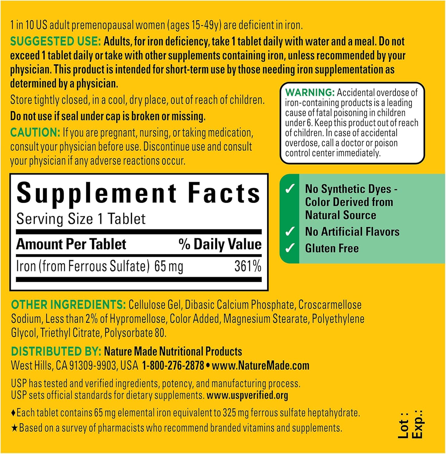 Nature Made Iron 65 mg (325 mg Ferrous Sulfate)  180 Tablets