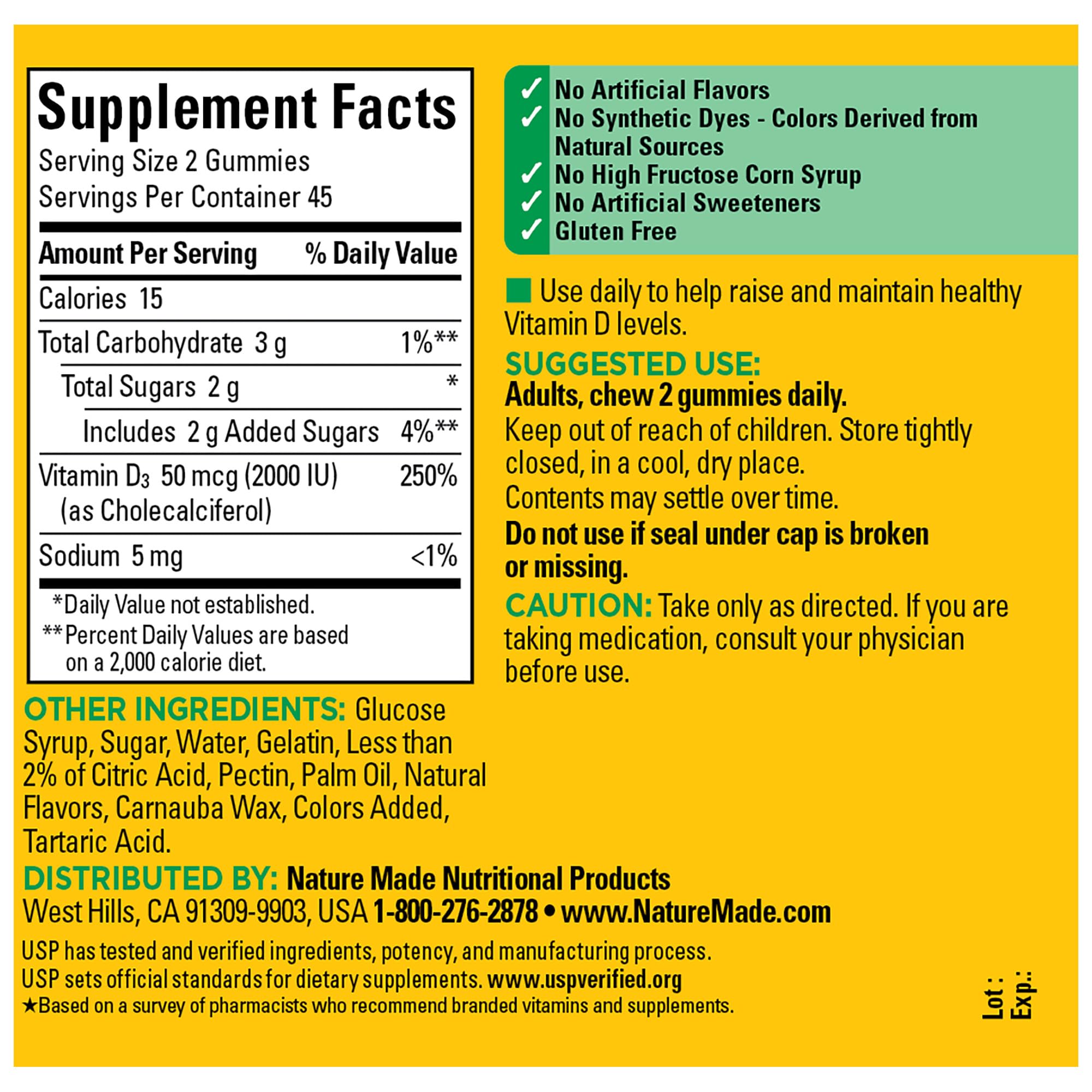 Nature Made Vitamin D3 2000 IU Per Serving Gummies, 75 Day Supply, 150.