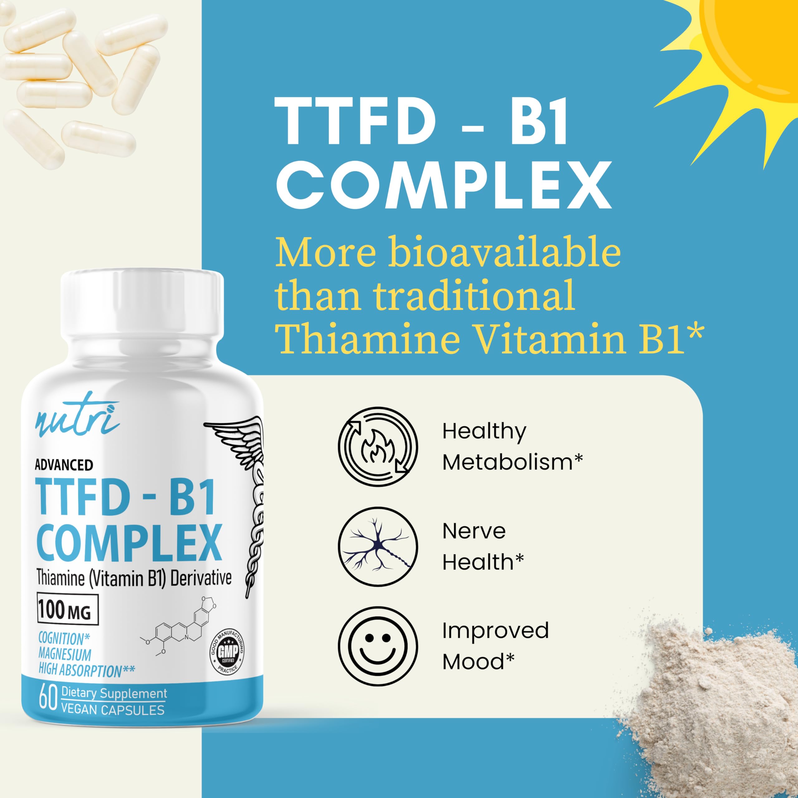Nutri TTFD Thiamine B1 100mg, Thiamine Tetrahydrofurfuryl Disulfide, 60 capsule