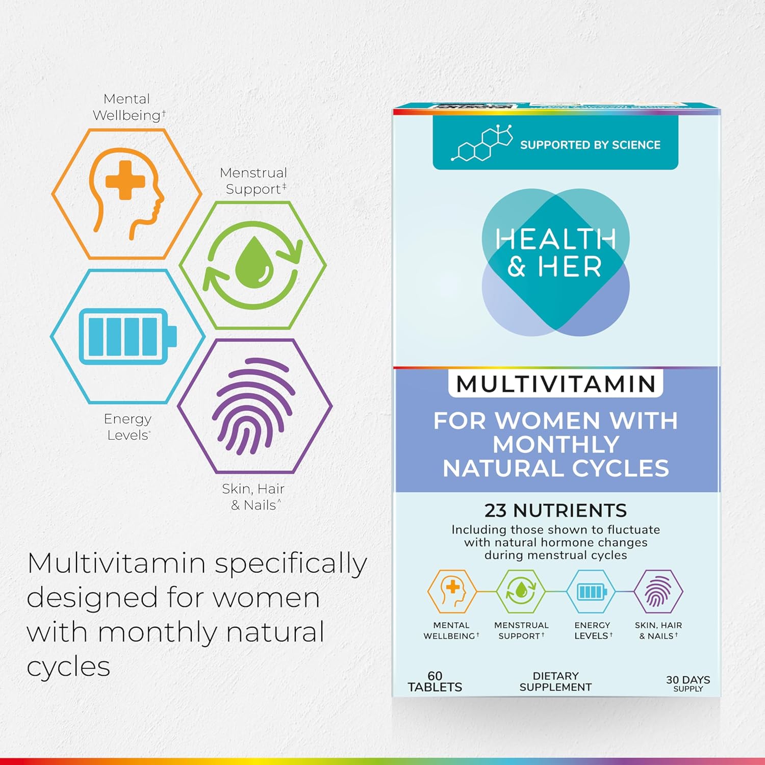 Health & Her Multivitamin for Women with Monthly Natural Cycles - Supplements for Women - Nutrition and Wellbeing Support for Menstrual Cycle - 1 Month Supply, 60 Tablets - Vegan & Gluten Free