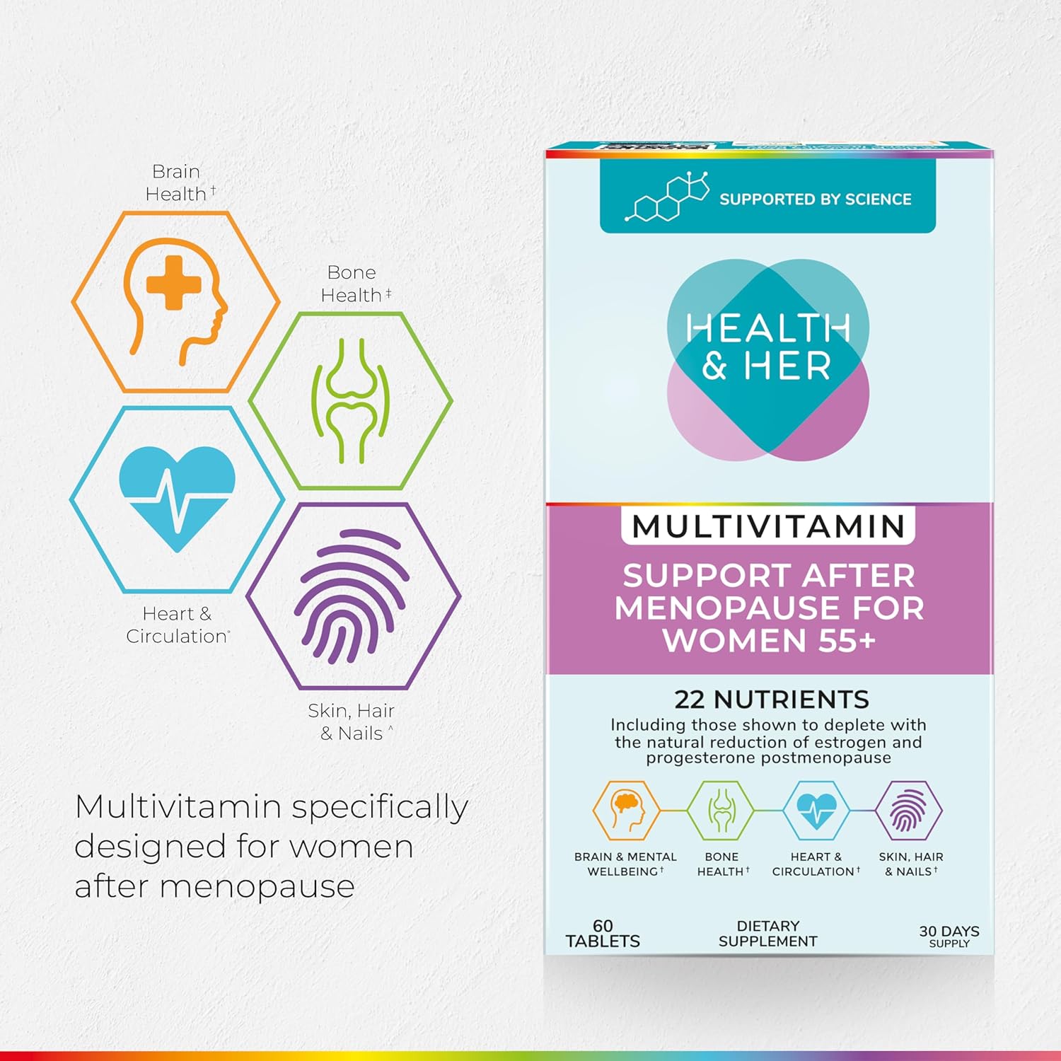 Health & Her Multivitamin Support After Menopause for Women 55+ - Supplements for Women - Nutrition and Wellbeing Support - 1 Month Supply, 60 Tablets - Vegan & Gluten Free