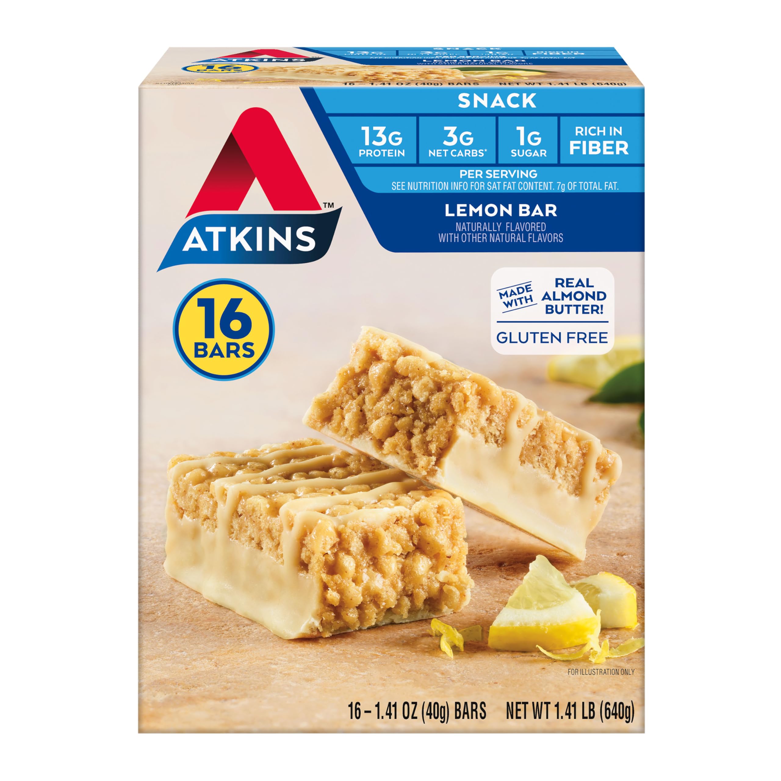 Atkins Caramel Chocolate Nut Roll Snack Bar, Protein Snack , 7g Protein, 2g Sugar, Rich in Fiber, 16 Count