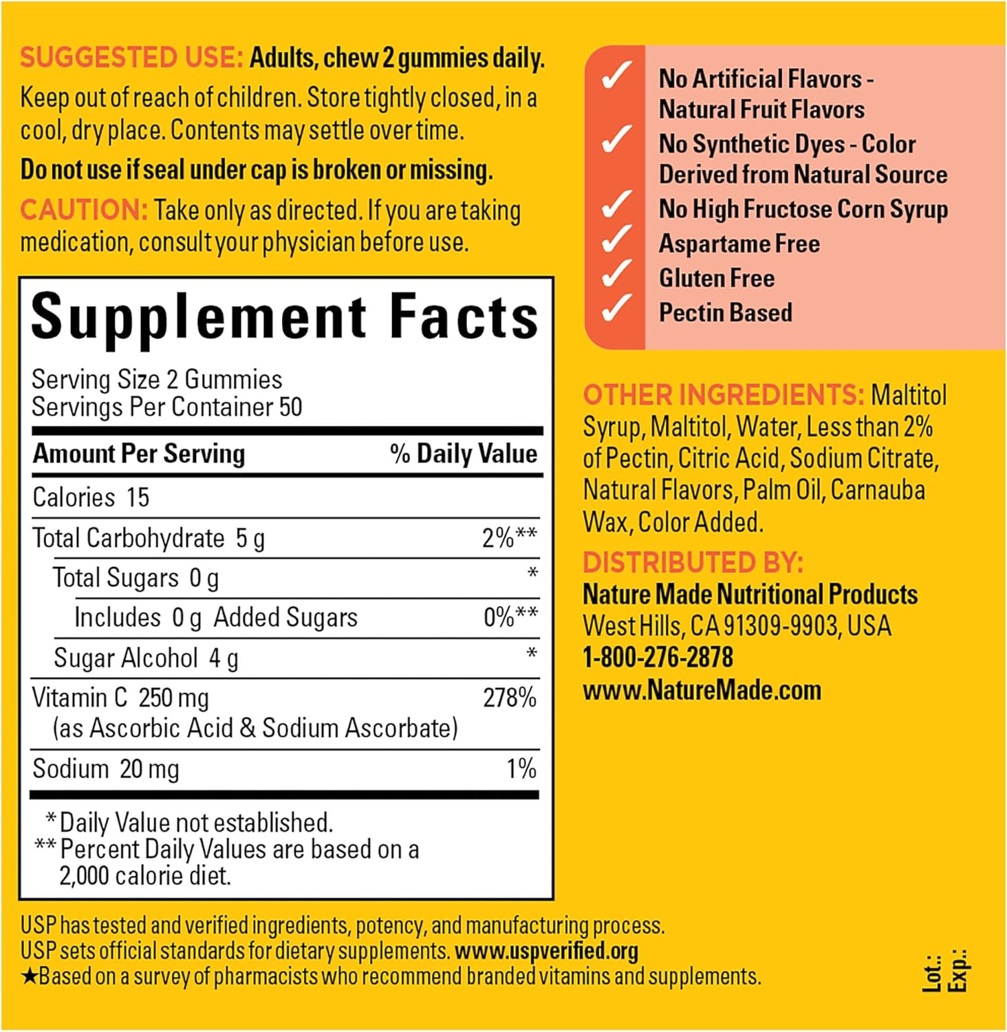 Nature Made Zero Sugar Vitamin C 250 mg, 100 Sugar Free Gummies