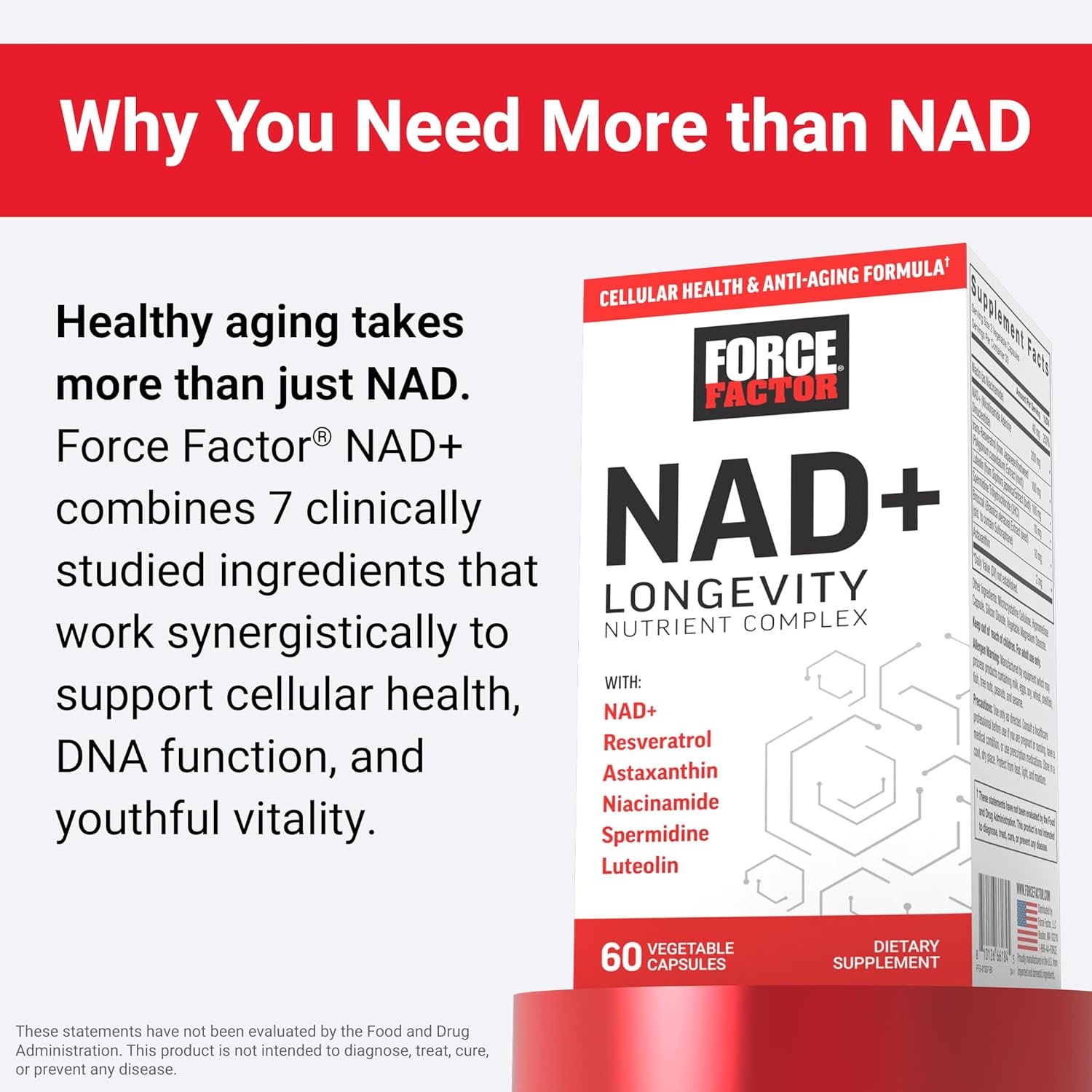 FORCE FACTOR NAD+ (NMN or Nicotinamide Riboside Alternative) with Resveratrol, Astaxanthin, Spermidine & Luteolin Complex, 60 Capsules
