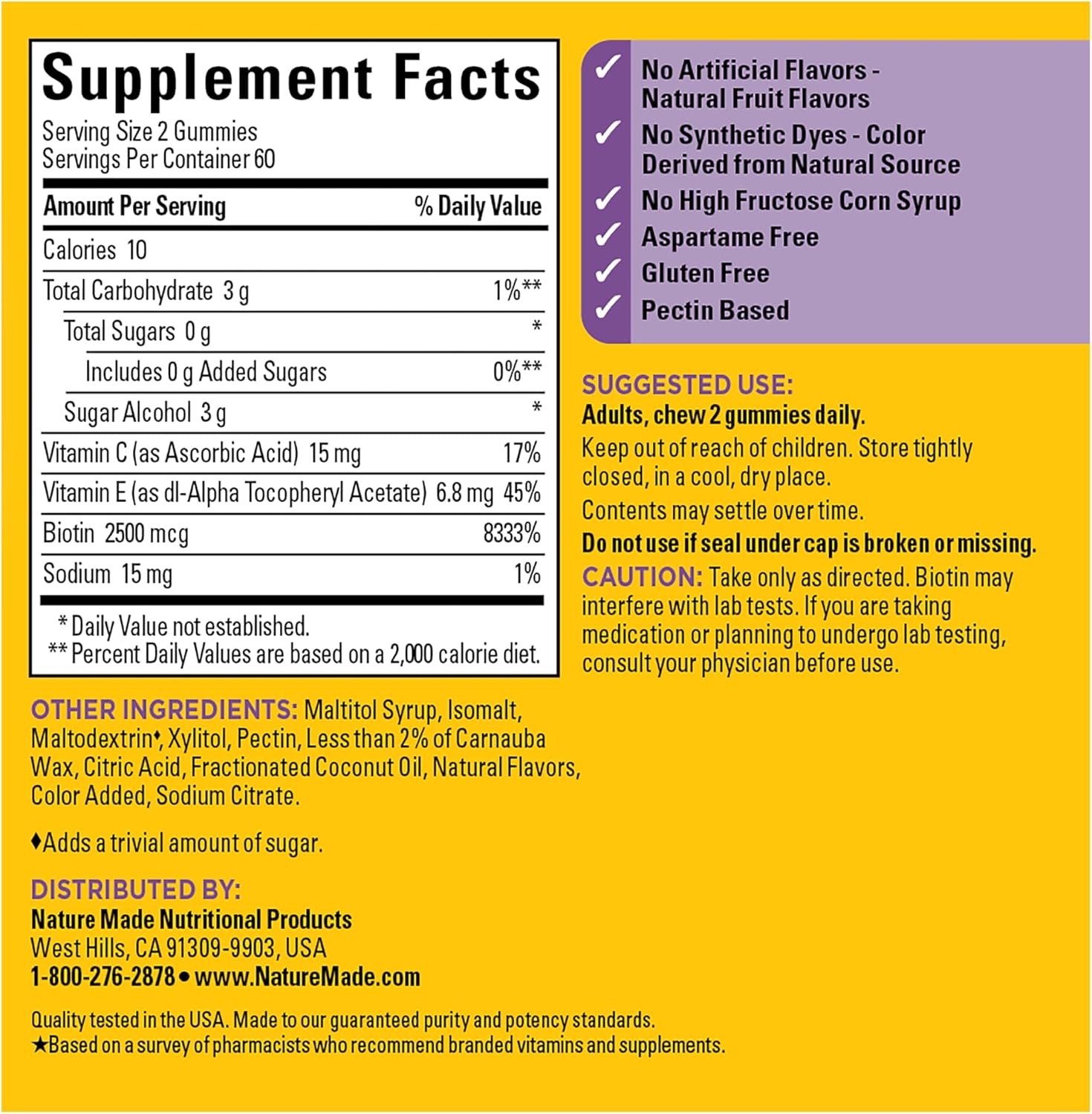 Nature Made Zero Sugar Hair Skin Nails, Biotin 2500 mcg, 120 Gummies