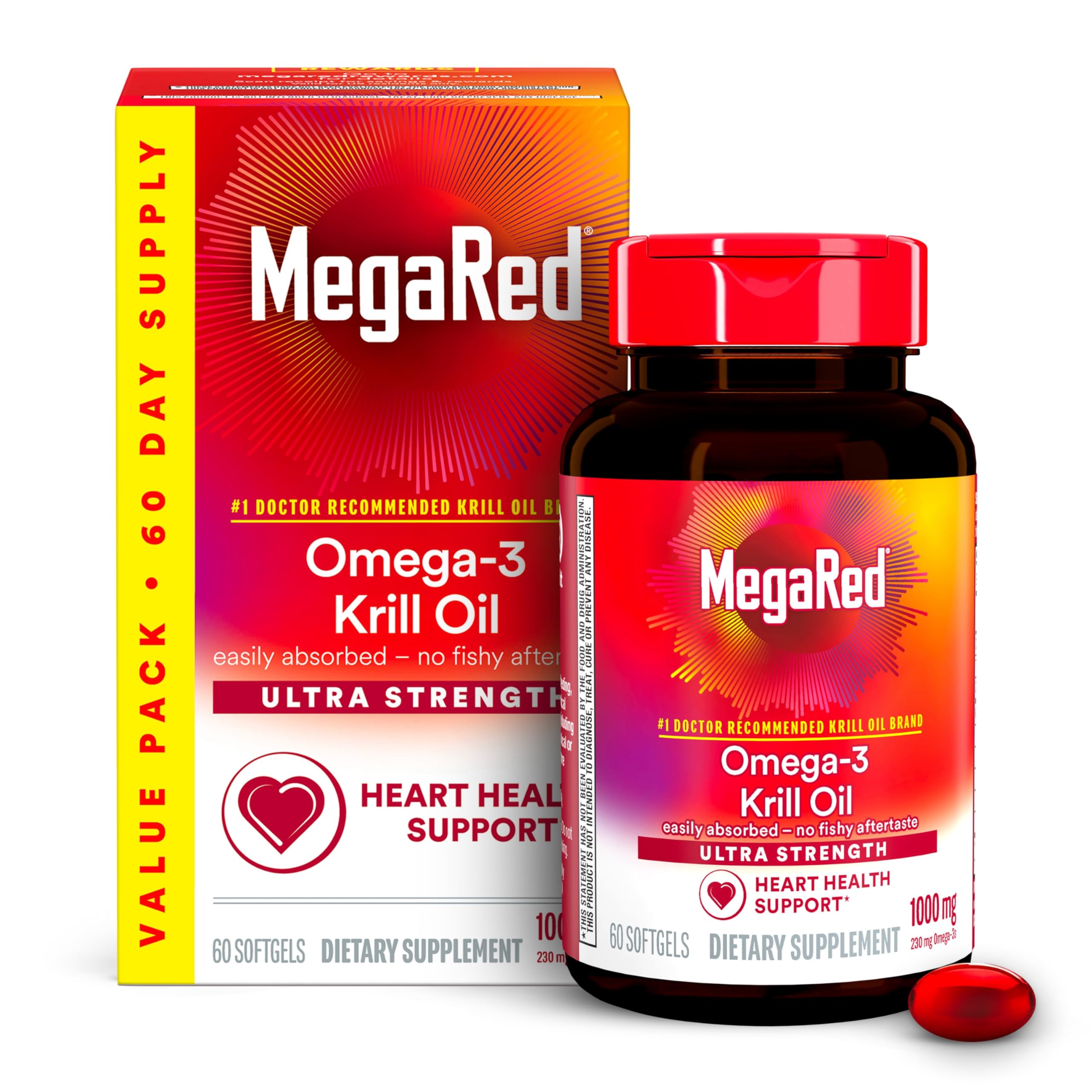 MegaRed Antarctic Krill Oil 500mg Omega 3 Fatty Acid Supplement, Extra Strength EPA & DHA Krill Oil Softgels (90cnt Box), Astaxanthin, Heart Health Supplement with No Fish Oil Aftertaste