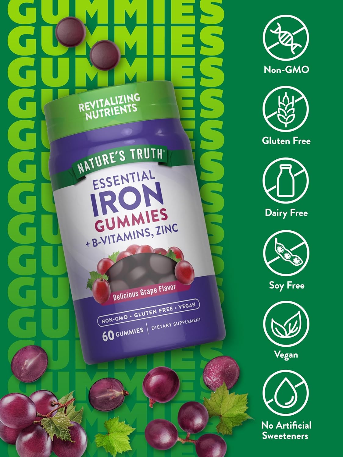 Nature's Truth Iron Gummies, 60 Count with Zinc & B Vitamins, Grape Flavor