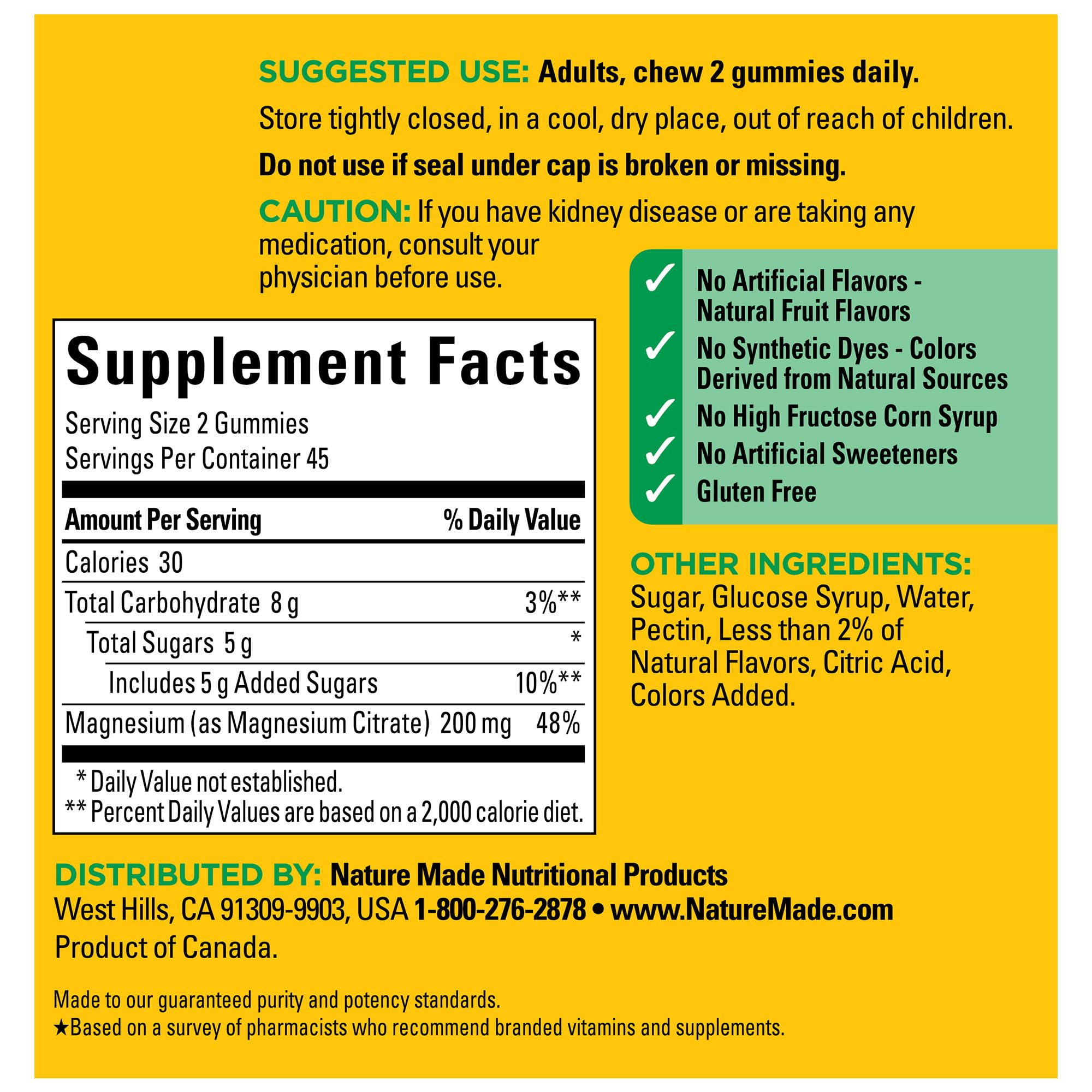 Nature Made High Absorption Magnesium Citrate 200 mg per serving, Magnesium Supplement for Muscle, Nerve, Bone and Heart Support, 60 Magnesium Gummies, 30 Day Supply