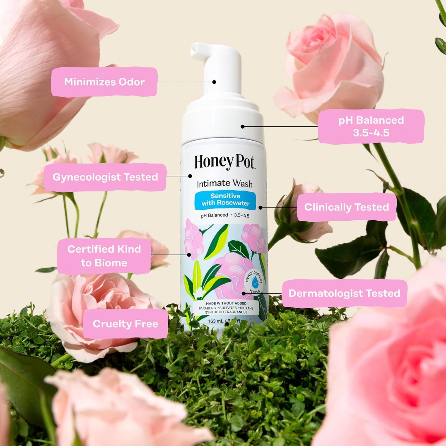 The Honey Pot Company Sensitive with Rosewater Intimate Wash, 5.51 Fluid Oz.