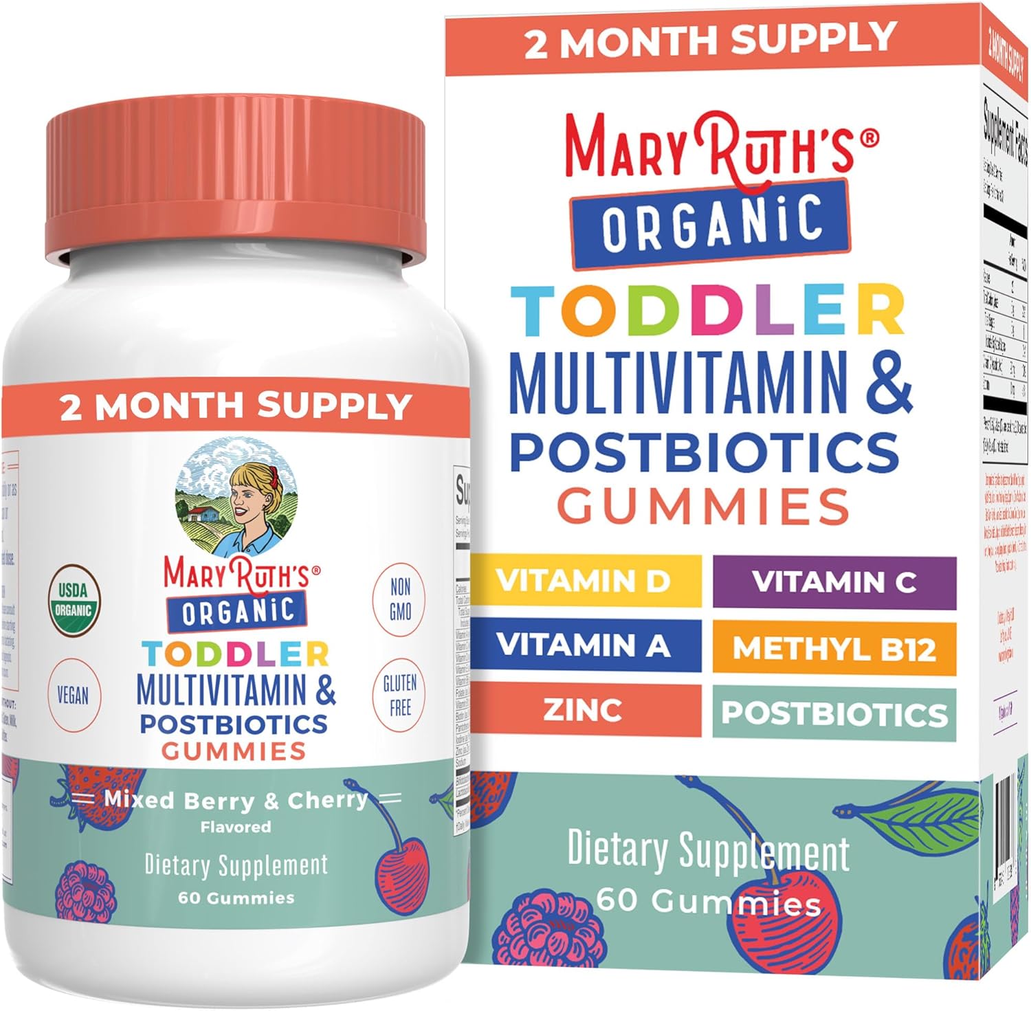 MaryRuth Organics Toddler Multivitamin Gummies + Postbiotics, 60 Gummies