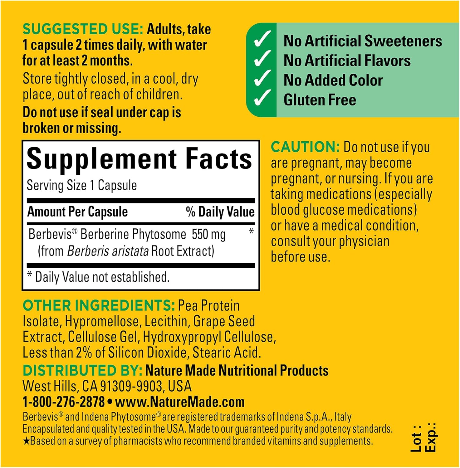 Nature Made Better Absorption Berberine Phytosome 1100mg, 60 Capsules.