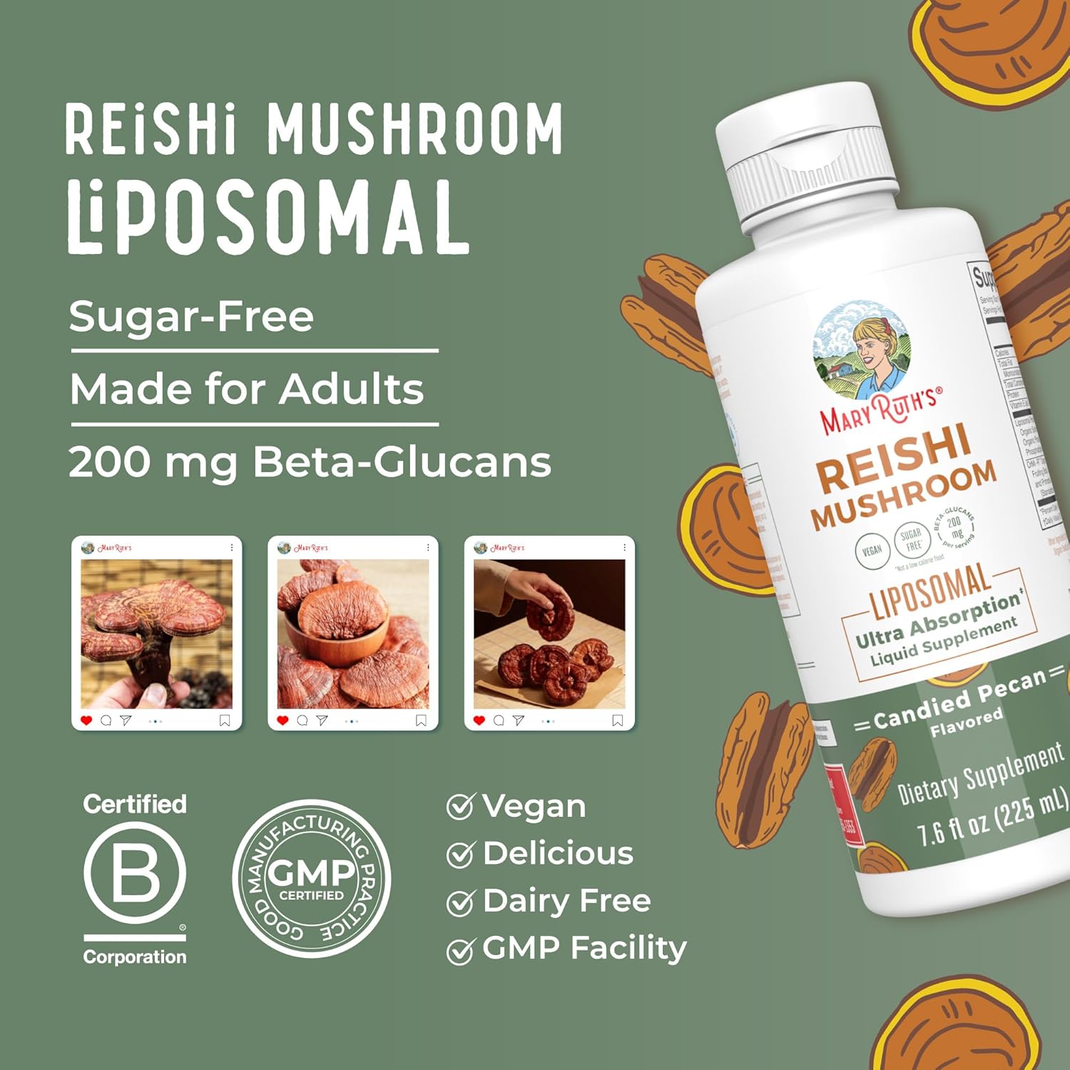 MaryRuth Organics Reishi Vegan Mushroom Supplement, 7.6 oz,
