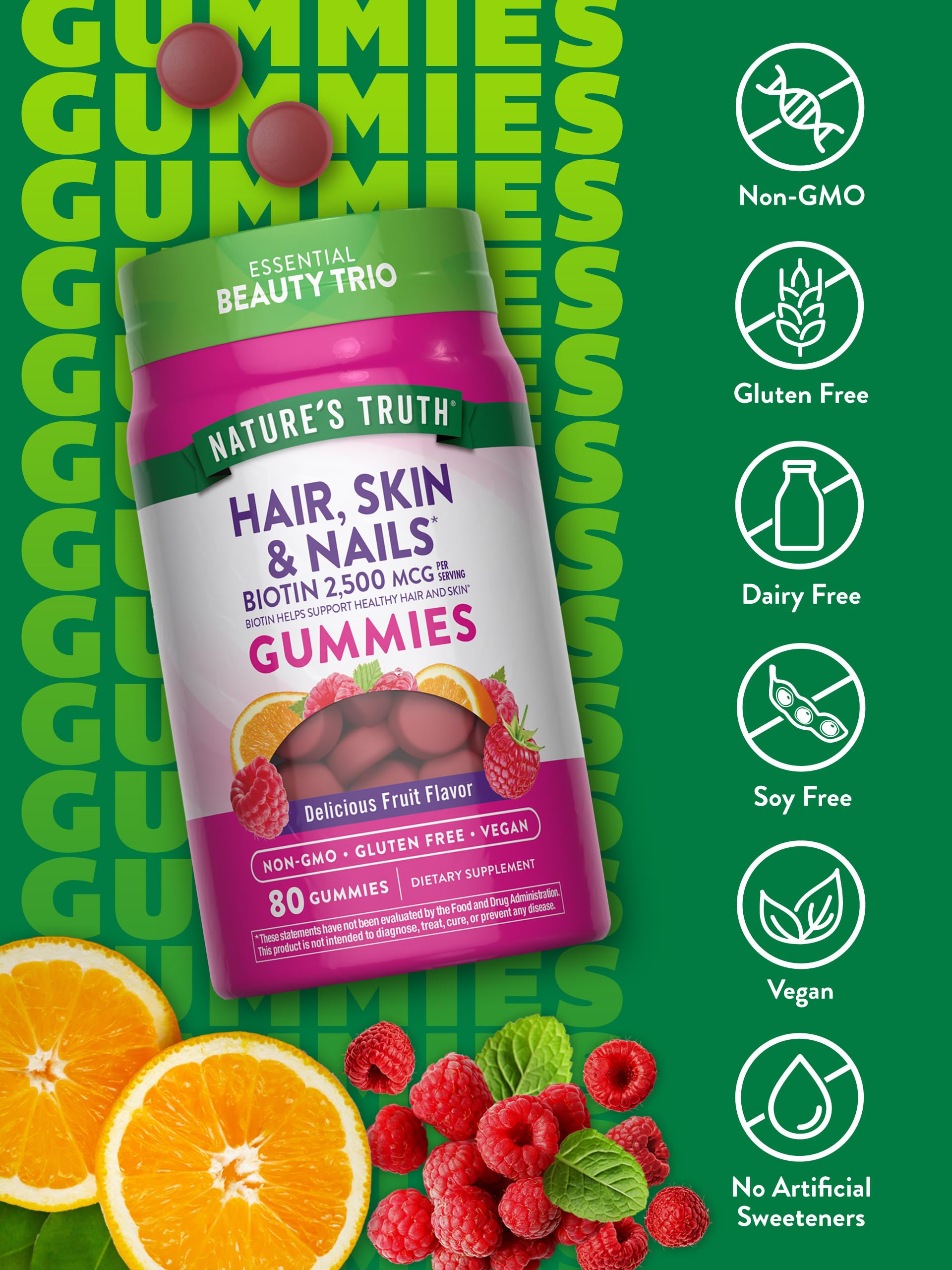 Nature's Truth Hair Skin and Nails Gummies, 80 Count, 2500mcg of Biotin
