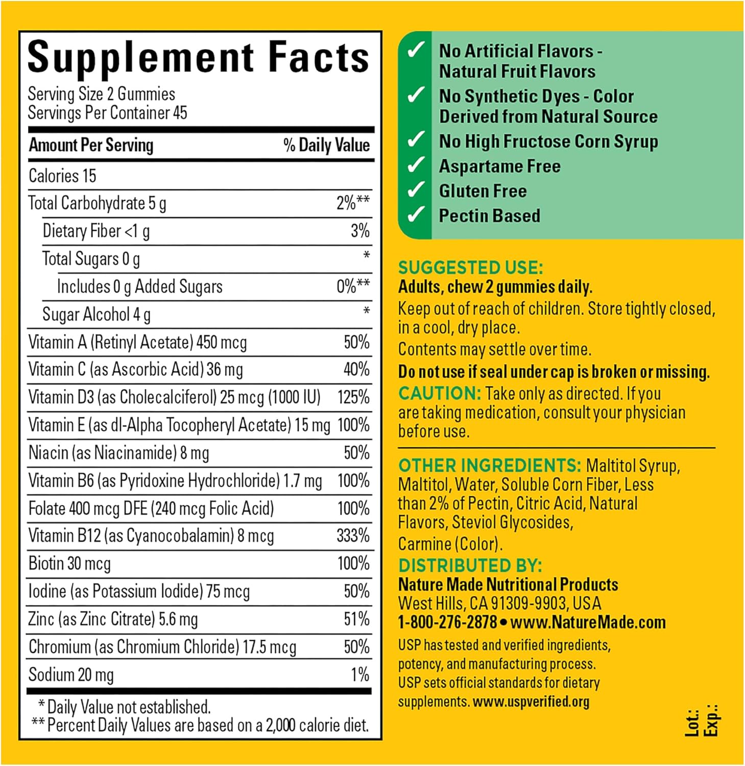 Nature Made Zero Sugar Multivitamin Gummies, 90 Gummies