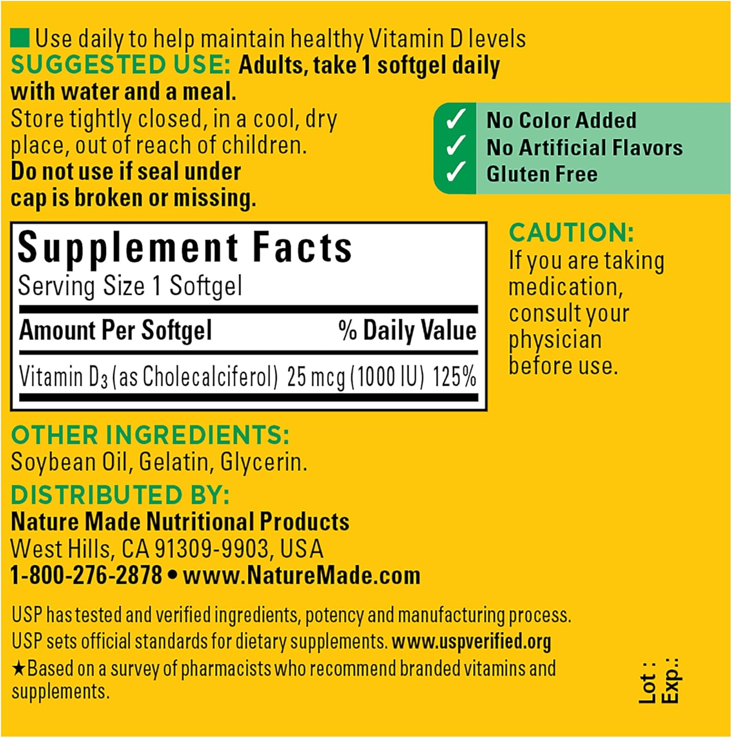 Nature Made Vitamin D3 1000 IU (25 mcg), 100 Softgels