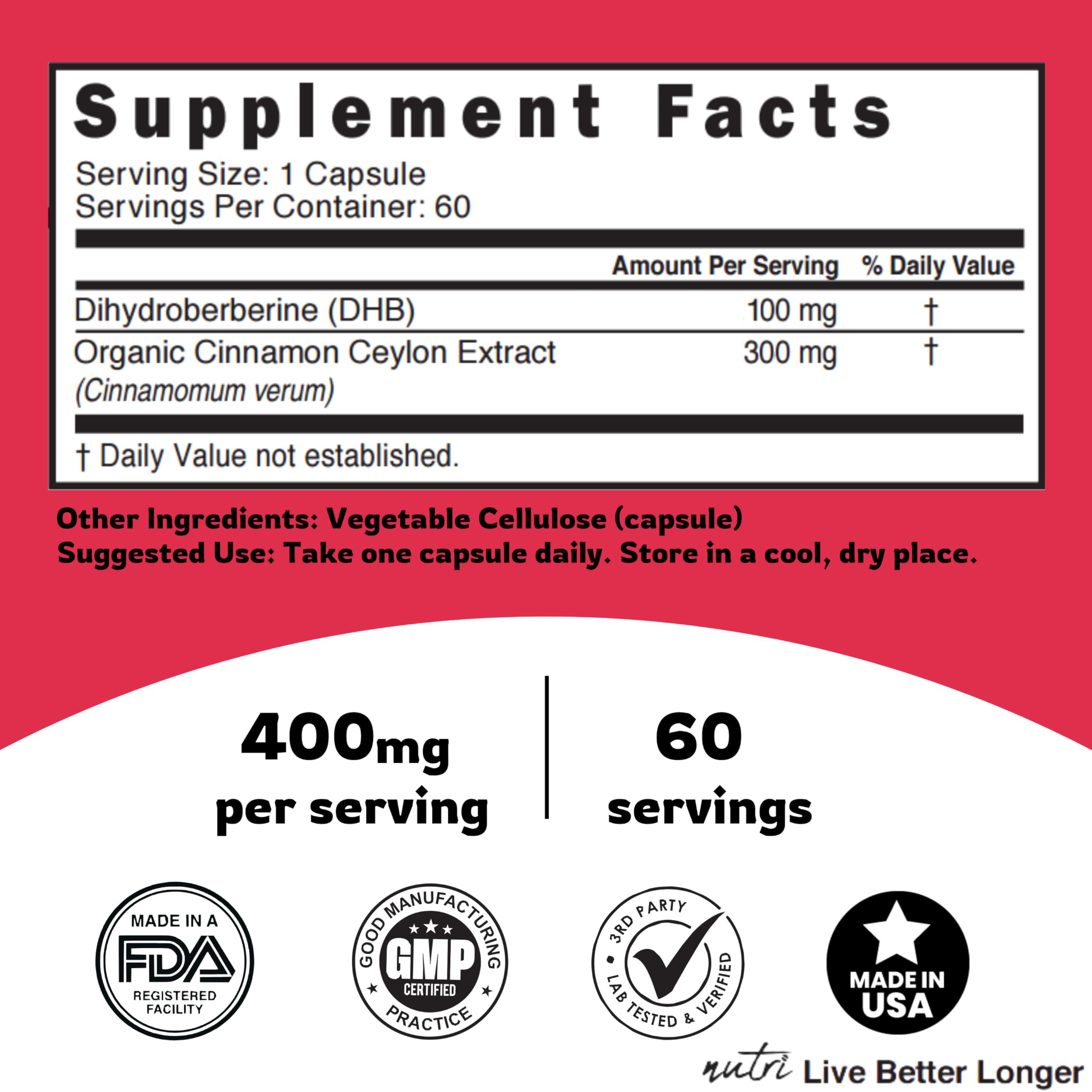 Nutri Dihydroberberine+ Supplement With Ceylon Cinnamon 100mg, 60 Capsules