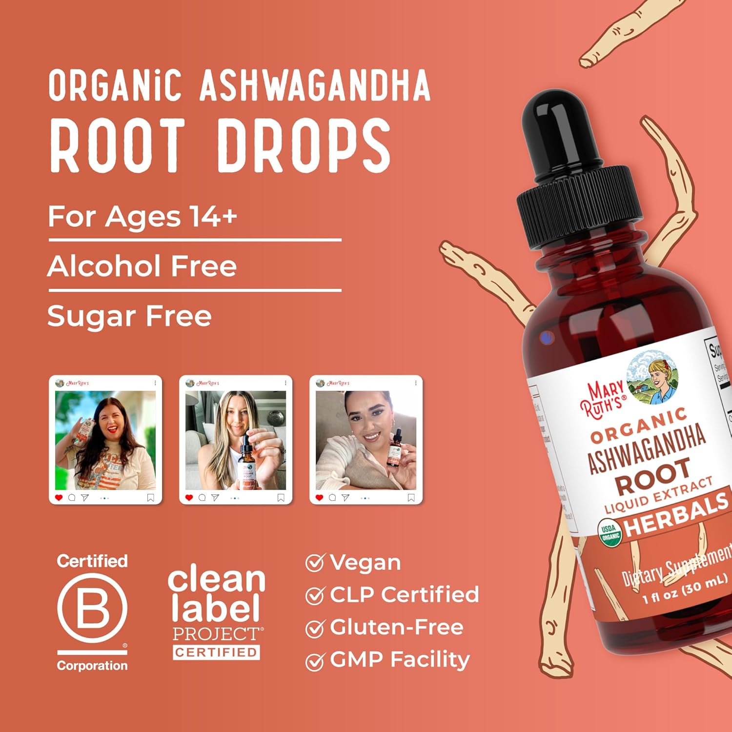 MaryRuth Organics Ashwagandha Root Liquid Drops, 60 Servings