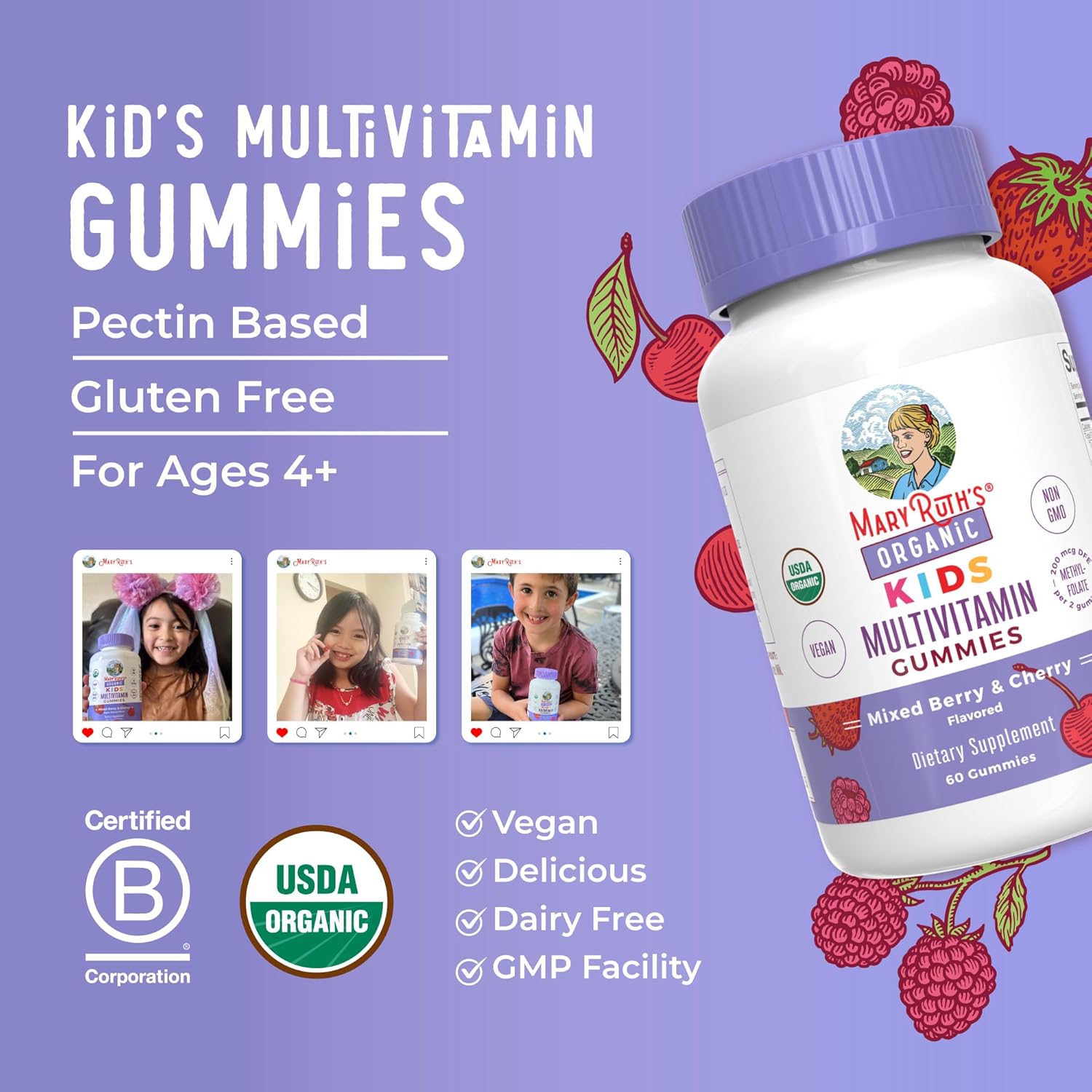 MaryRuth Organics Kids Multivitamin Vitamins, 60 Gummies