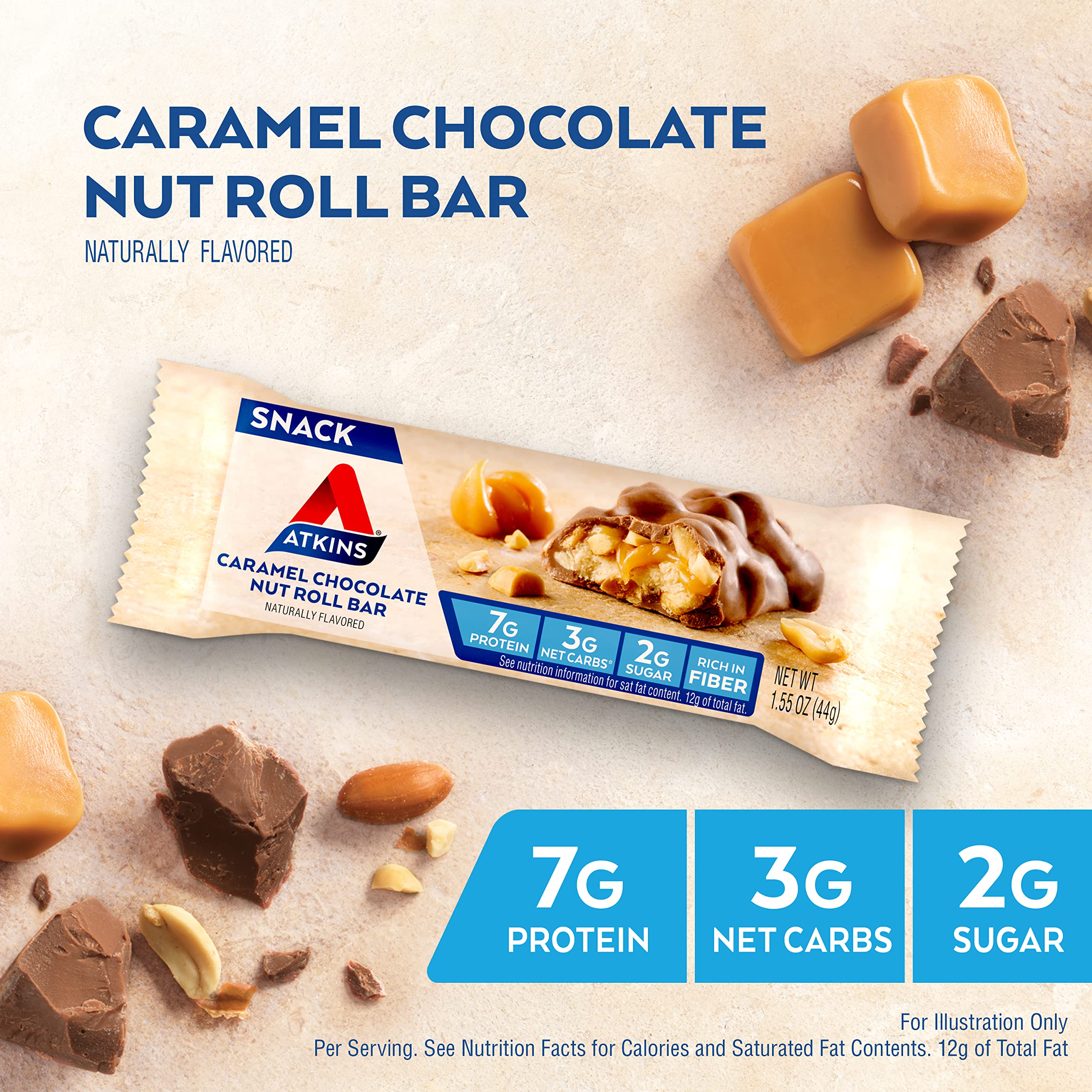 Atkins Caramel Chocolate Nut Roll Snack Bar, Protein Snack , 7g Protein, 2g Sugar, Rich in Fiber, 16 Count