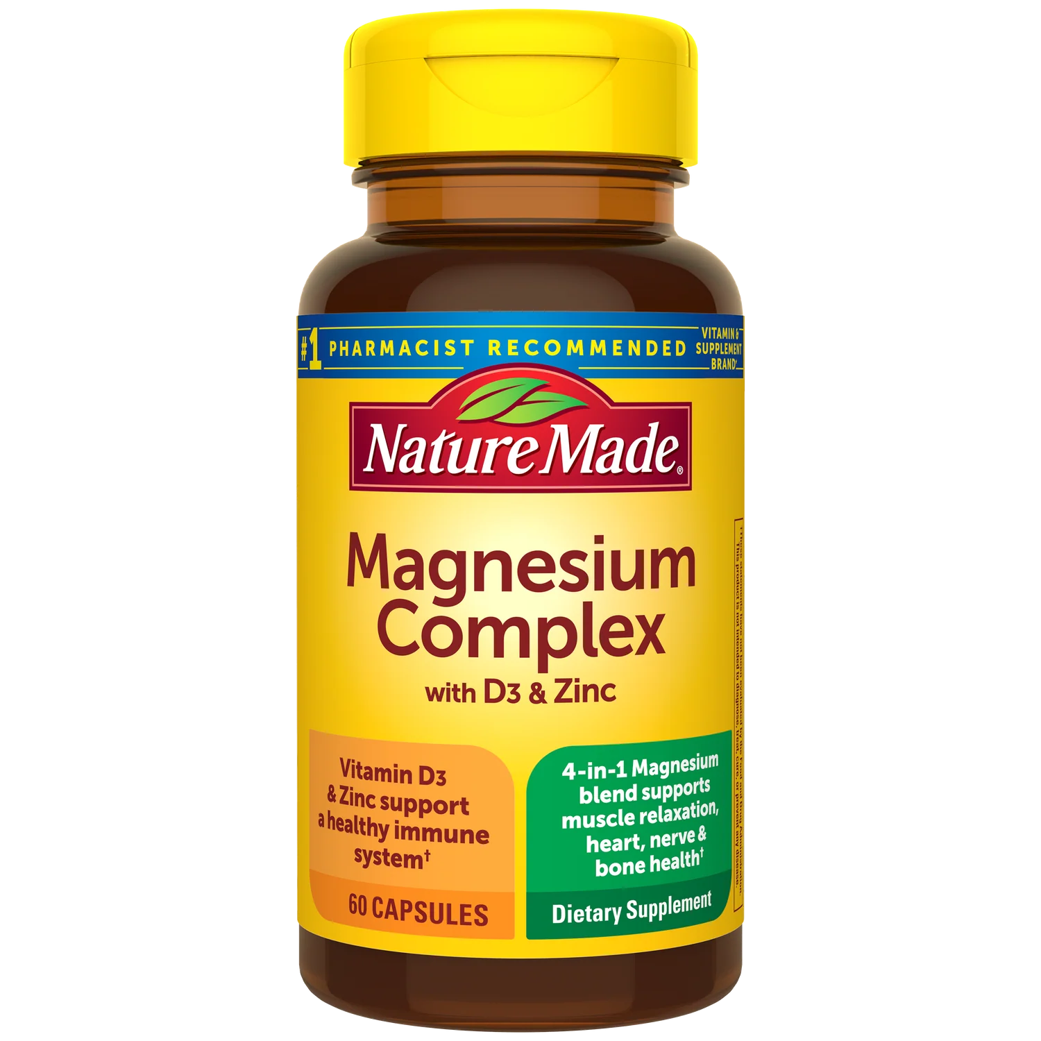 Nature Made Magnesium Complex Supplement with Vitamin D & Zinc for Immune Support, Magnesium Glycinate, Malate, Citrate & Oxide for Muscle, Nerve, Heart & Bone Support, 60 Capsules, 30 Day Supply