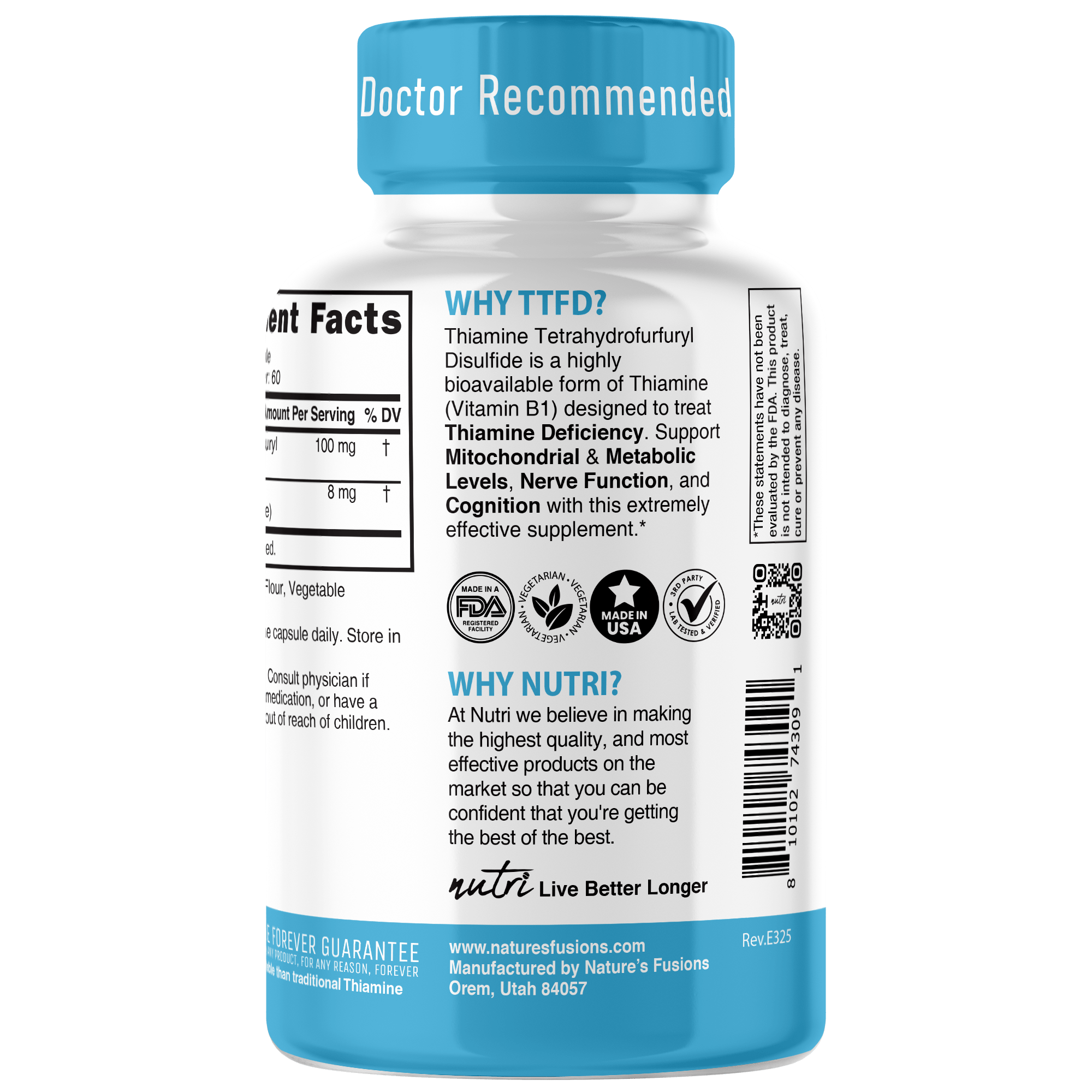 Nutri TTFD Thiamine B1 100mg, Thiamine Tetrahydrofurfuryl Disulfide, 60 capsule