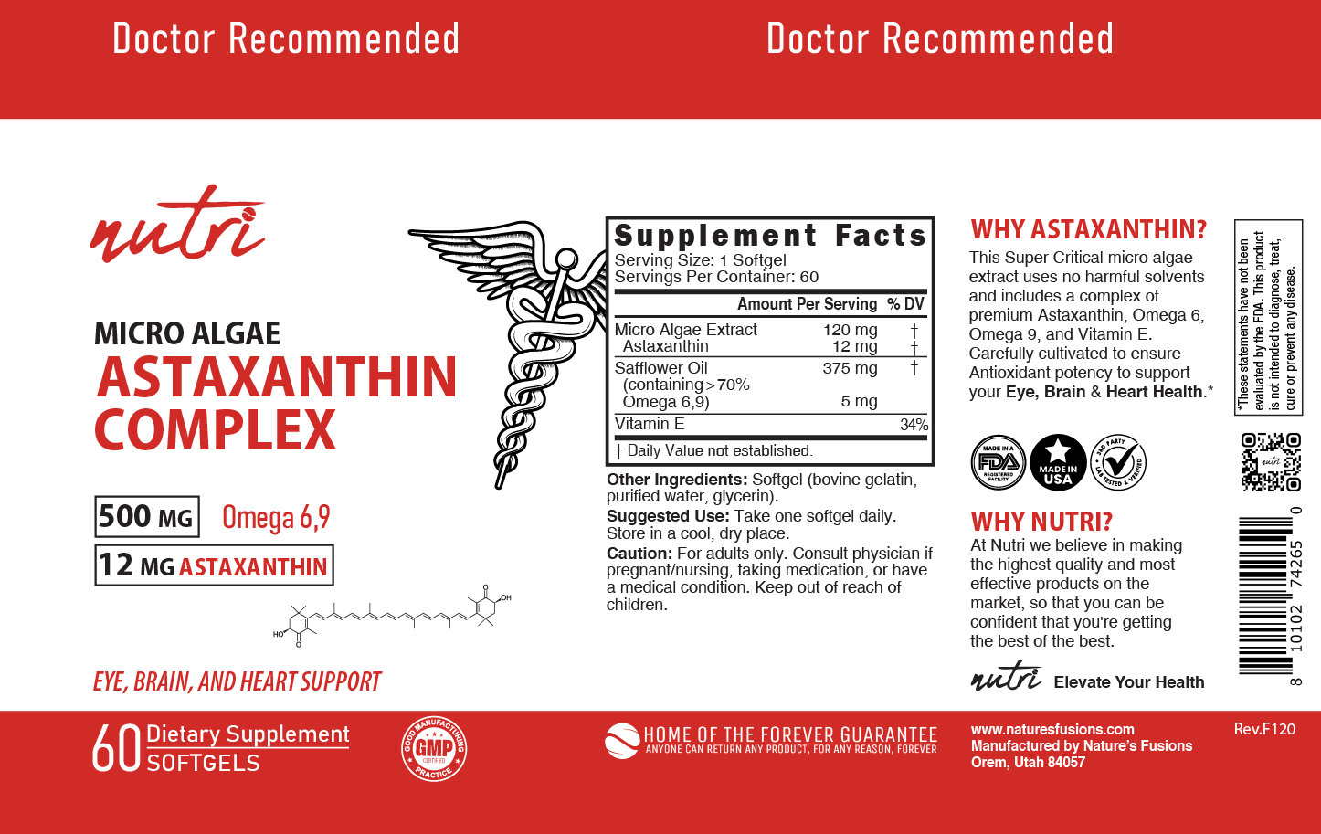 Nutri Astaxanthin Micro Algae Complex 12mg Max Strength, 60 Capsules