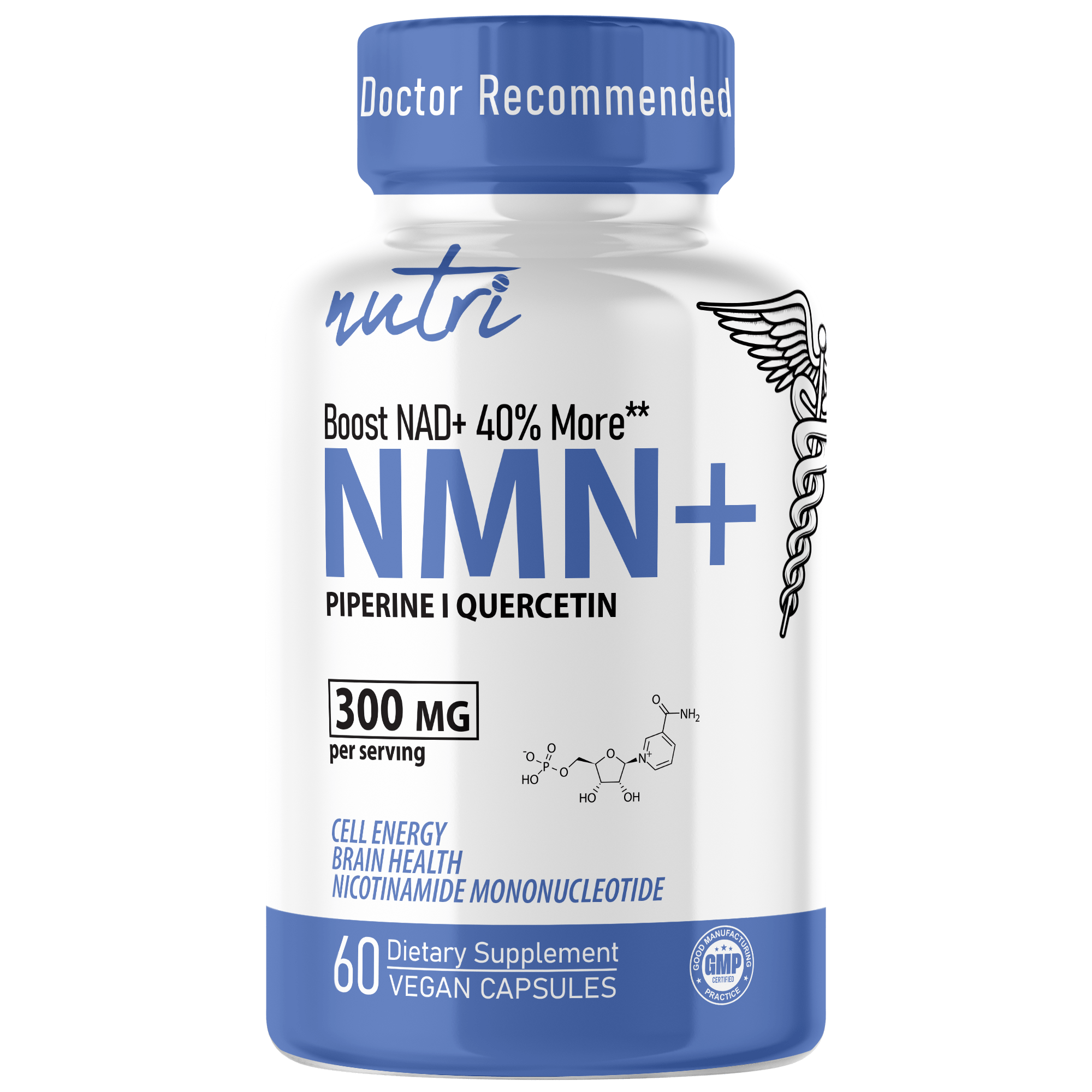 Nutri NMN+ 300mg Nicotinamide Mononucleotide With Quercefit & Black Pepper, 60 Capsules