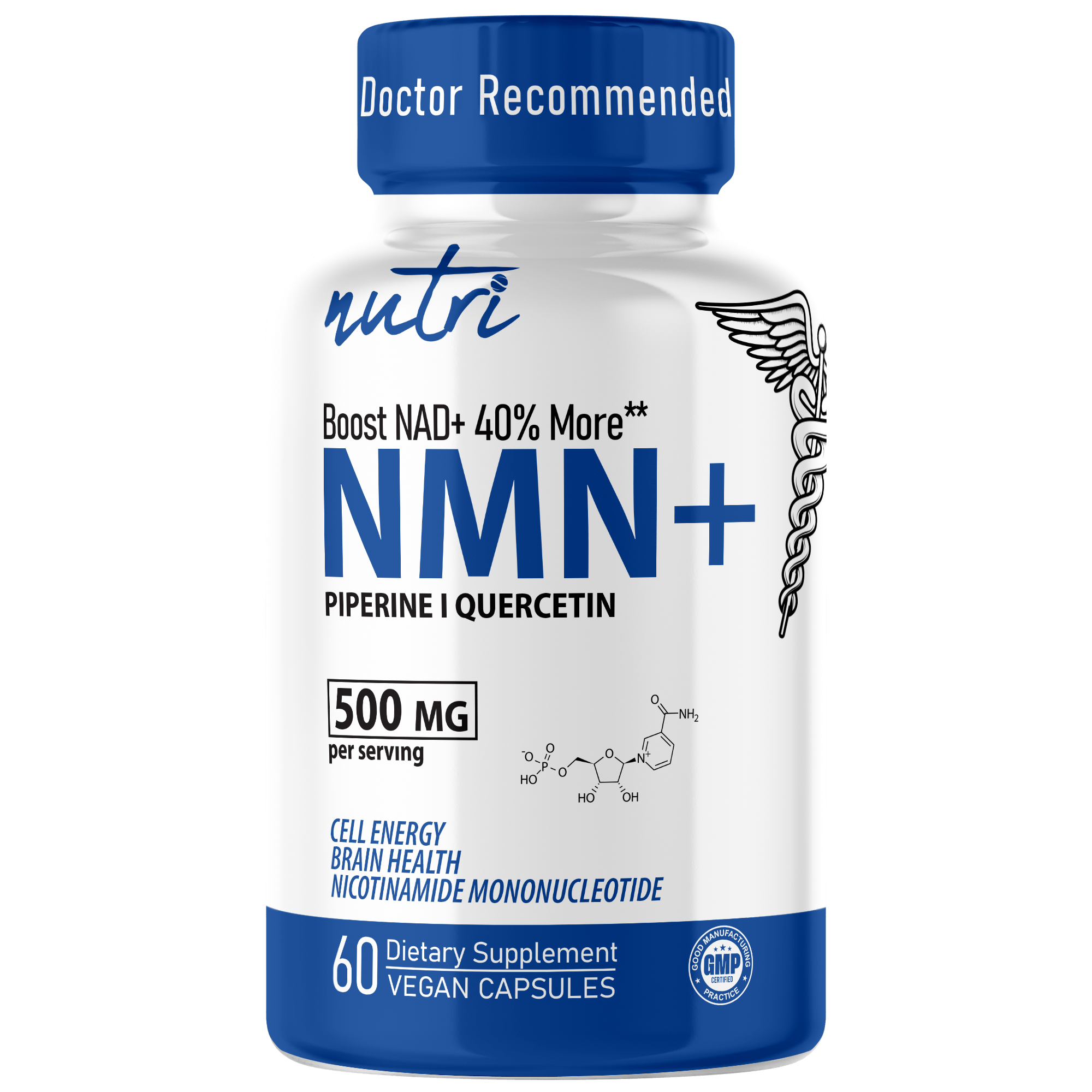 Nutri NMN+ 500mg EXTRA Strength Nicotinamide Mononucleotide With Quercefit & Black Pepper, 60 Capsules