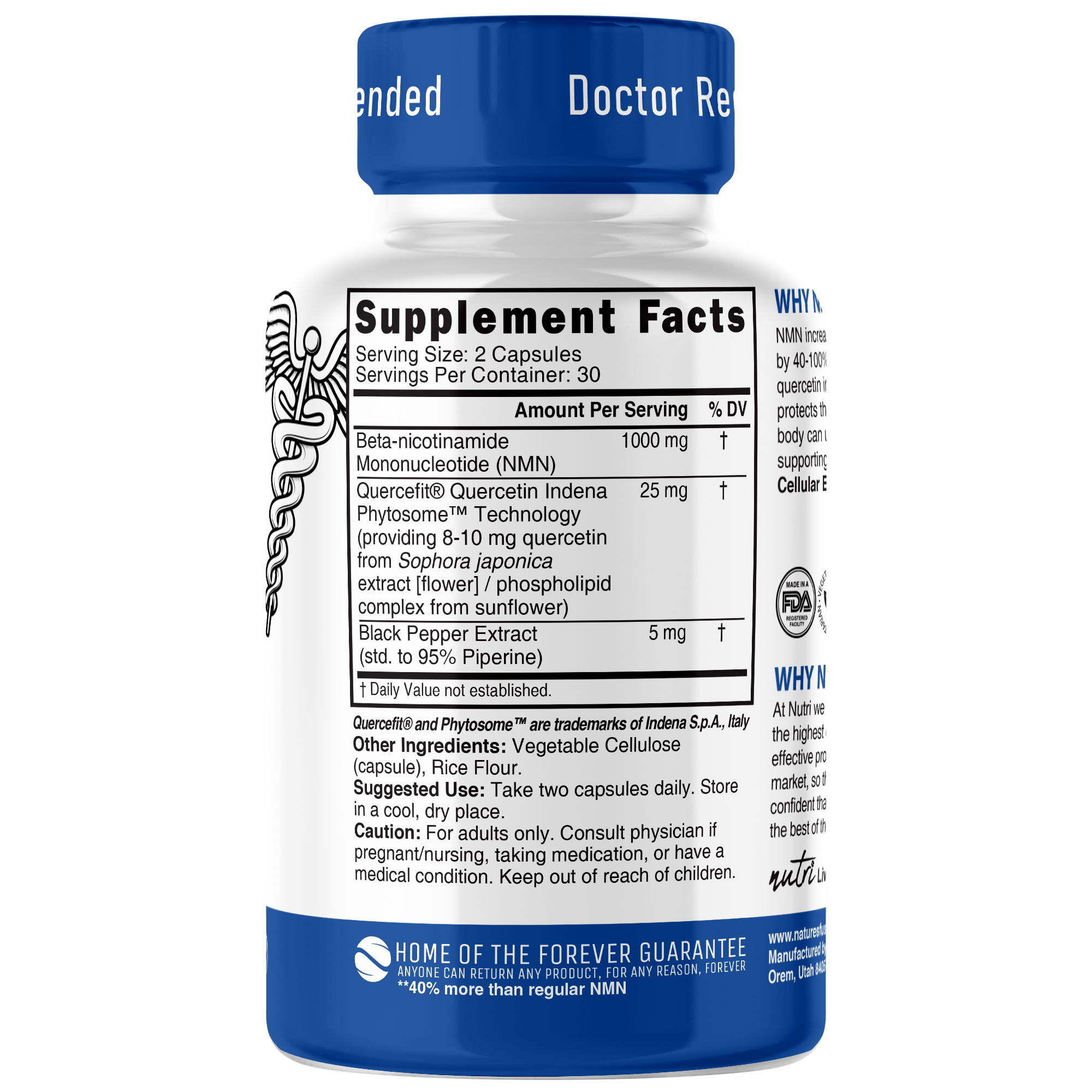 Nutri NMN+ 1000mg MAX Strength Nicotinamide Mononucleotide With Quercefit & Black Pepper, 60 Capsules