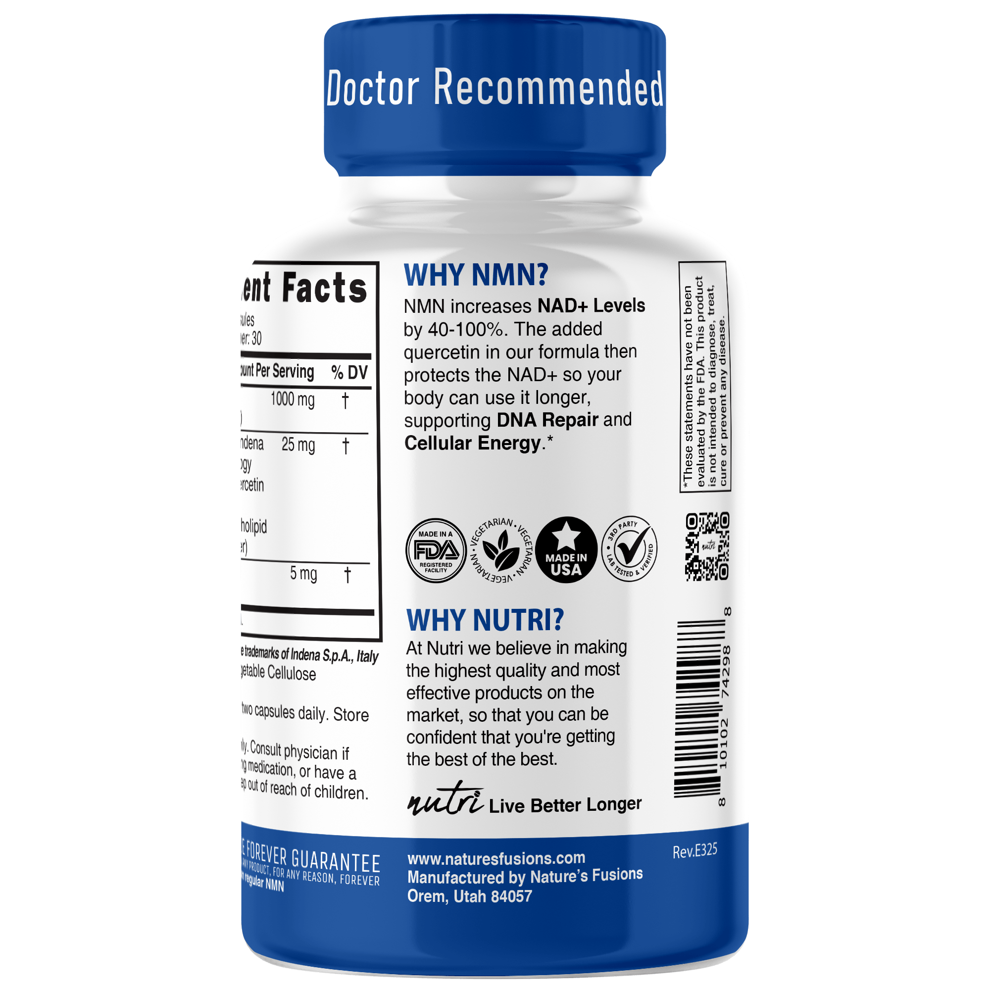 Nutri NMN+ 1000mg MAX Strength Nicotinamide Mononucleotide With Quercefit & Black Pepper, 60 Capsules