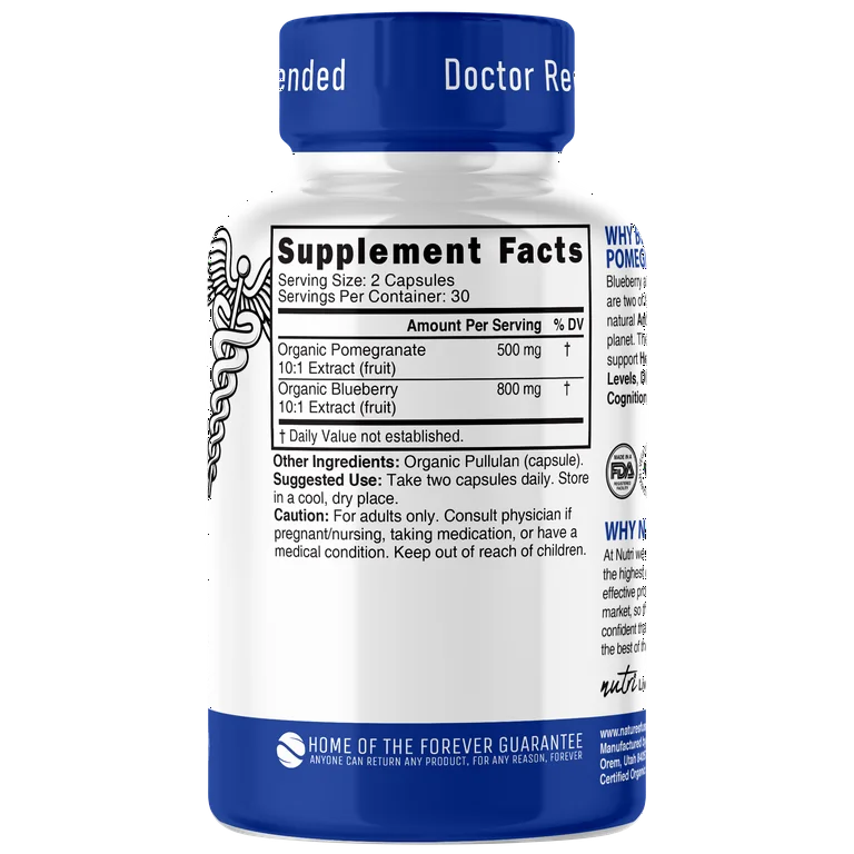 Nutri Organic Blueberry & Pomegranate 10:1 Extracts 1300mg, 60 Count Capsules