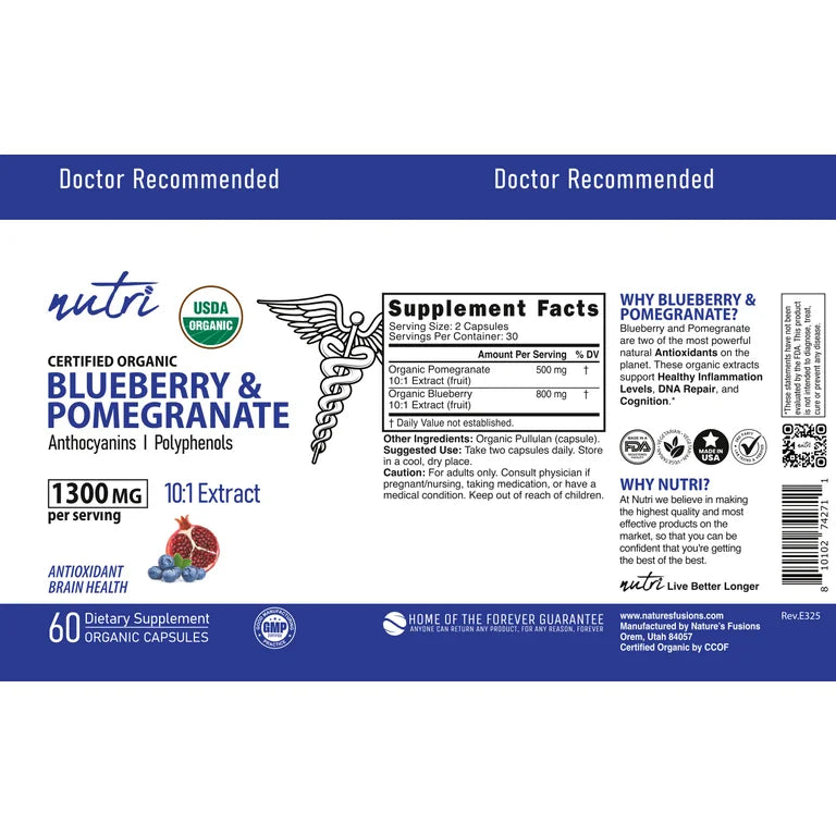 Nutri Organic Blueberry & Pomegranate 10:1 Extracts 1300mg, 60 Count Capsules
