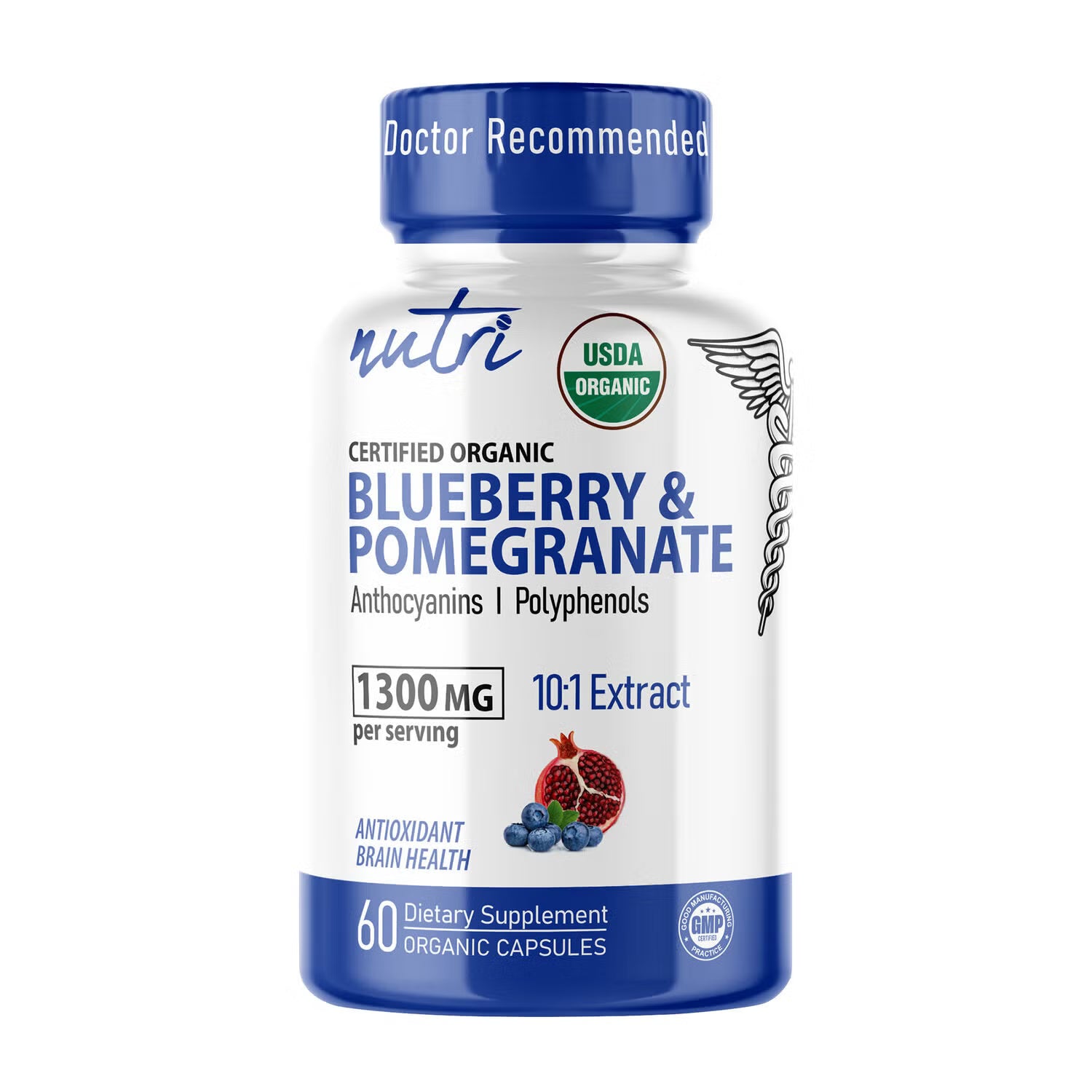 Nutri Organic Blueberry & Pomegranate 10:1 Extracts 1300mg, 60 Count Capsules