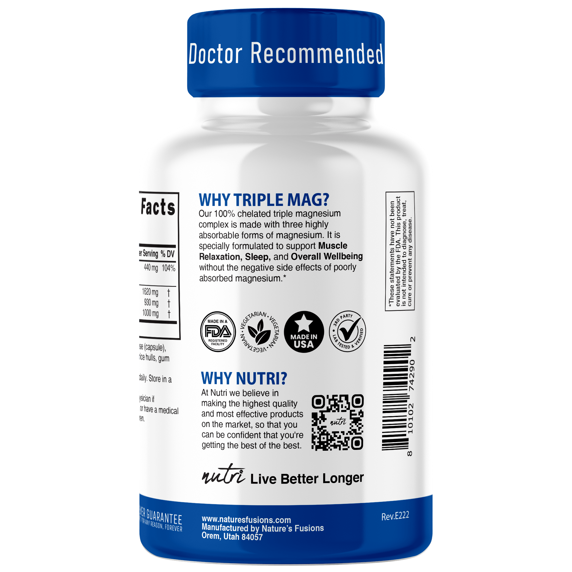 Nutri Triple Magnesium (Glycinate, Malate, Taurinate) 440 Mg, 150 Vegan Capsules